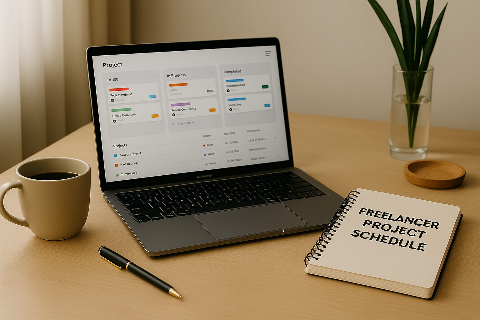 A modern workspace with a laptop showing project boards and a planner labeled Freelancer Project Schedule on a clean desk.