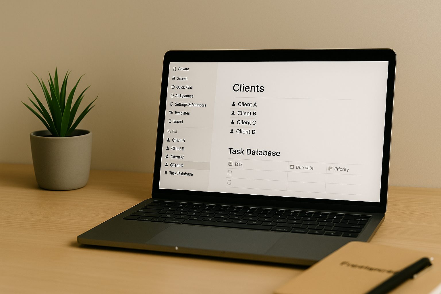 A laptop displaying a Notion workspace with organized client pages and task databases in a minimal home office.