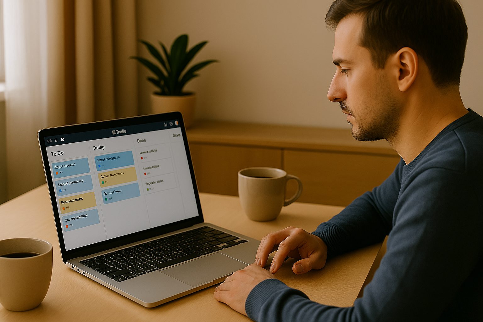 A freelancer viewing a Trello board with colorful task cards on a laptop in a cozy home office.
