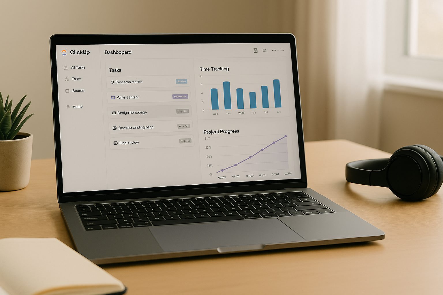 A ClickUp dashboard showing tasks, time tracking, and progress charts on a laptop in a modern home workspace.