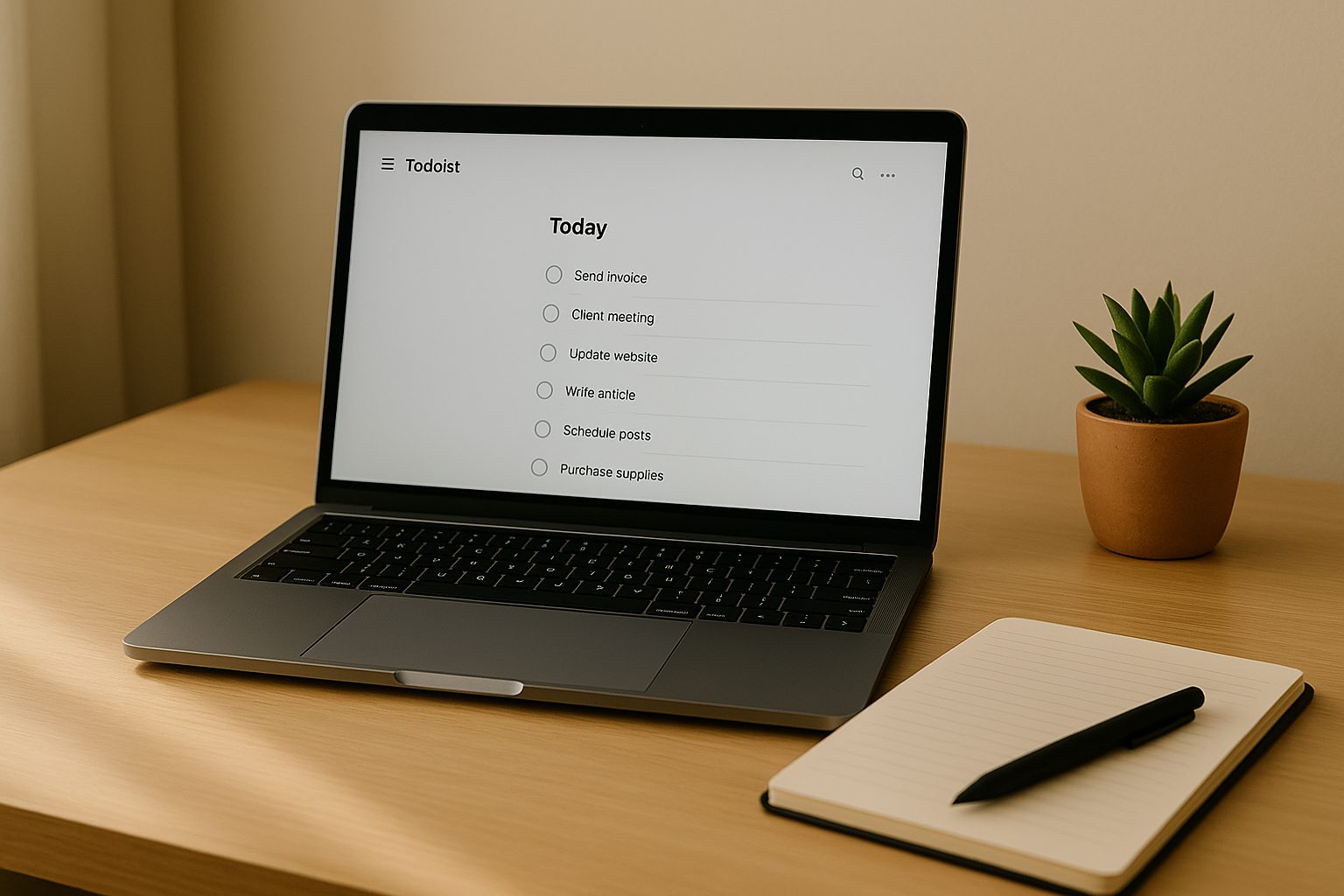 A laptop displaying the Todoist app with a simple task list on a clean wooden desk beside a notebook and a small plant.