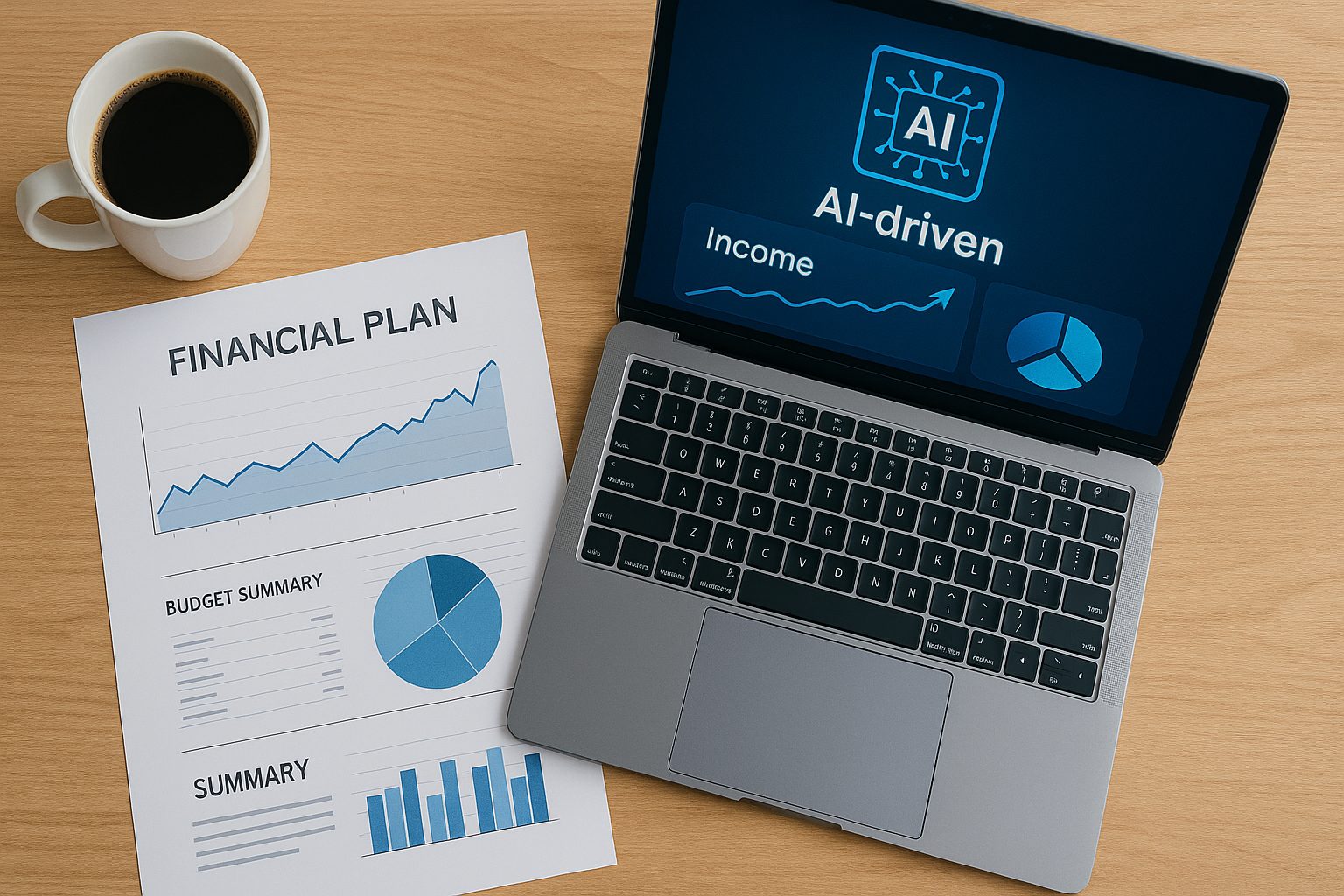 A workspace with AI apps beside traditional writing tools, symbolizing AI Tools vs Human Skills in real life.