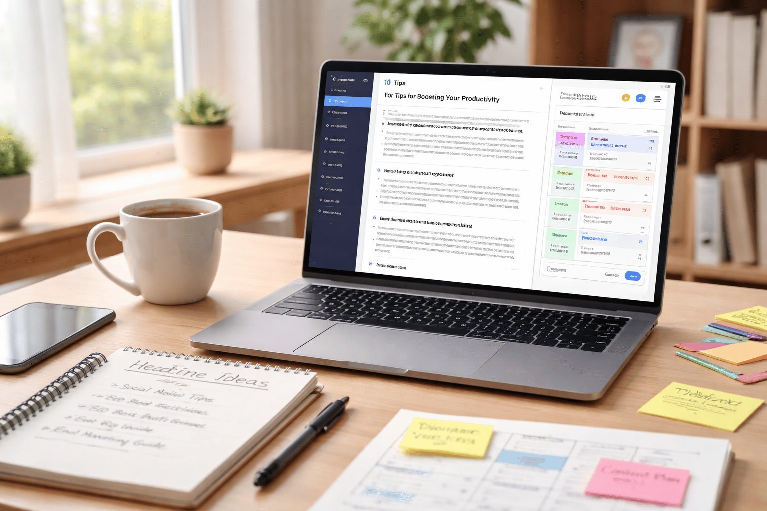 Best AI Tools for Content Creation on a laptop with an AI writing assistant and content calendar
